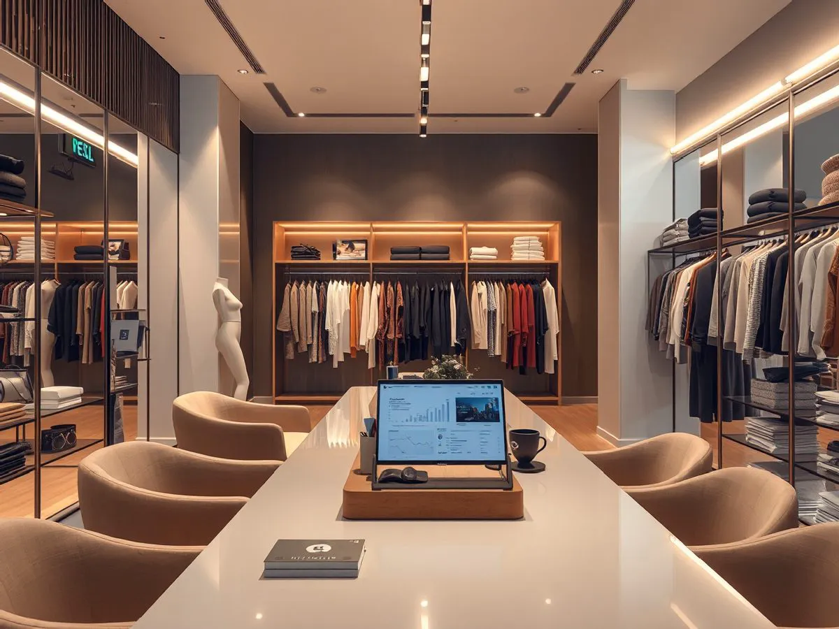 服装店内景,流线型衣架和镜面墙设计