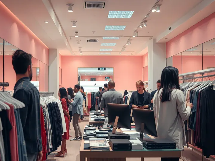 改造后的服装店,顾客在流线型衣架前选购