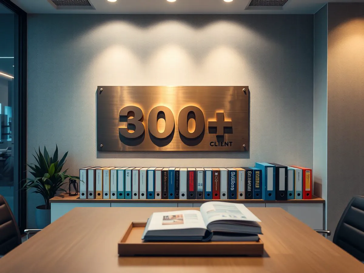 辕墨设计公司客户服务记录展示墙,显示累计服务客户超过300家